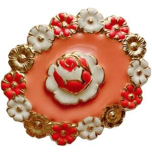 Vintage Enamel Floral Brooch Bold Dimensional Costume Pin Gold Tone